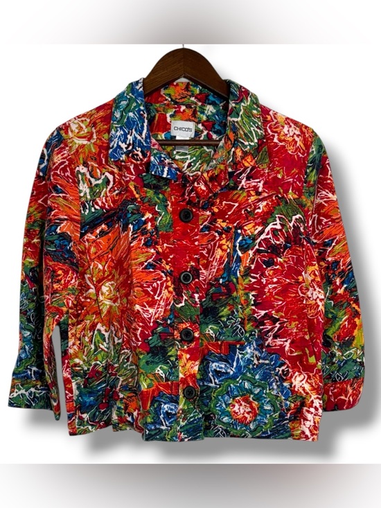 Chico's Jackets & Blazers - Chicos Red Silk Blend Colorful Abstract Floral Print Boxy Light Jacket 2 - Large